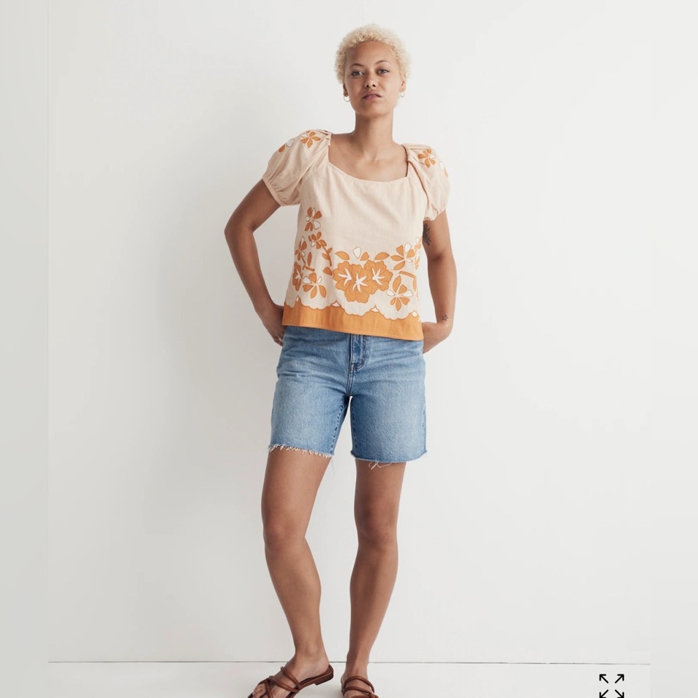 Madewell Floral Embroidered Women’s Top/Blouse • Puff Sleeves • Pink and Orange - Picture 2 of 6